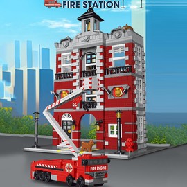 kowkis City Fire Station Building Blocks Set Include Fire Truck,1823 Pieces - 4 Story with Lights City Building Blocks STEM Toys Gift for Adults