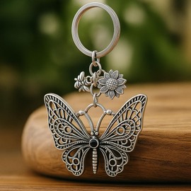 Vintage Butterfly Keychain - Antique Silver Floral Key Chains for Women, Rustic Bee & Flower Bag Charms, Boho Gift