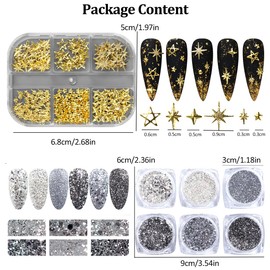 3D Metal Stars Nail Charms and Nail Art Glitter Flakes,Mixed Styles Gold Starlight Cross Star Nail Jewelry, Alloy Metallic Stars Nail Rivet Studs Decorations for Women Girls Nails Supplies DIY Crafts