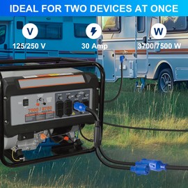 4-Prong 30 Amp Generator Splitter Y Adapter NEMA L14-30P to 2X L14-30R, 10 AWG SJTW Locking Power Cord, 125/250V 7500W for Manual Transfer Switch, Portable Generators & Emergency Power, 3ft