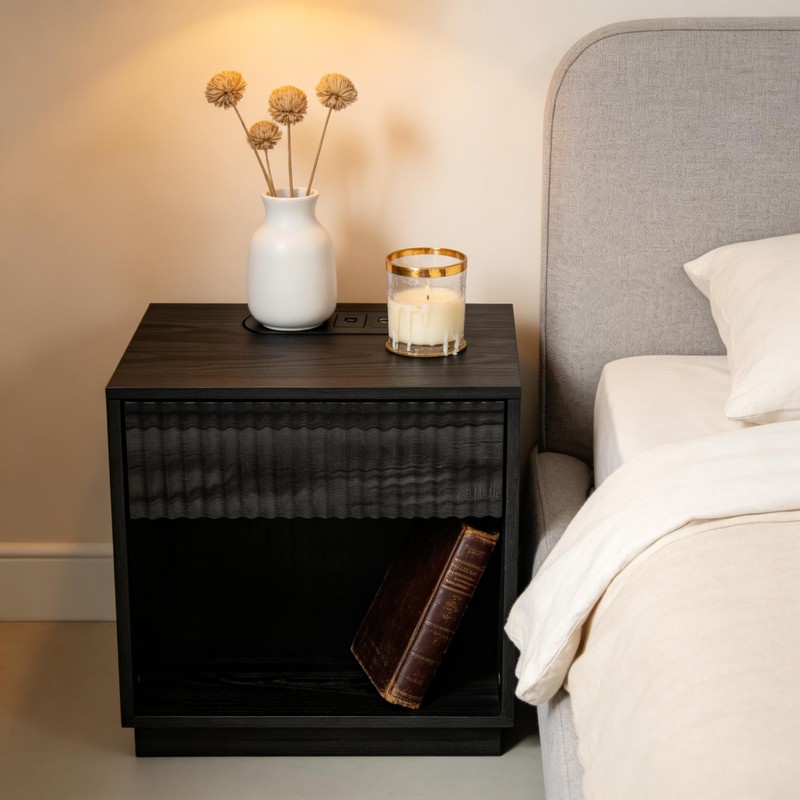 Night Stand with Charging Station, 23 Inch Tall Fluted Modern