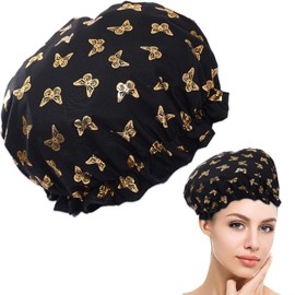 Shower Cap for Women, Double Layer Shower Cap, Plastic Shower Caps Reusable, Bath Caps for Women, Elastic Band Reusable Shower Cap for Long, Short and Curly Hair(Black Butterfly)