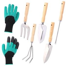 lasuroa Heavy Duty Garden Tool Set, Gardening Hand Tools with Wooden Handle Stainless Steel Material Latex Gloves Gardening Gifts for Garden Enthusiasts