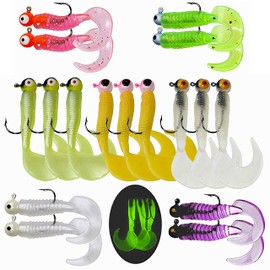 Soft Fishing Lures Jig Heads Hooks Kit, 17 Pieces Rubber Baits with Jig Head Grub Lures Swimbaits Tube Jigs Tackle for Crappie Bass Trout
