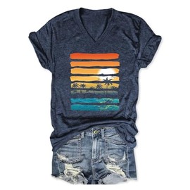 Hawaiian V-Neck Shirts Women Palm Trees Sunset Beach Graphic Tee Summer Vacation Short Sleeve Tshirt Tops(Blue1-S)