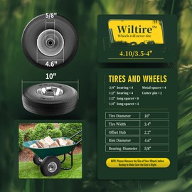 Wiltire (2 Pack) 4.10/3.50-4 Flat Free Tire and Wheel 10-Inch Solid Wheel Replacement with 5/8 Extra 3/4 &1/2 Bearings,2.2" Offset Hub -Compatible with Hand Truck,Wheelbarrow(Wave,Gray)