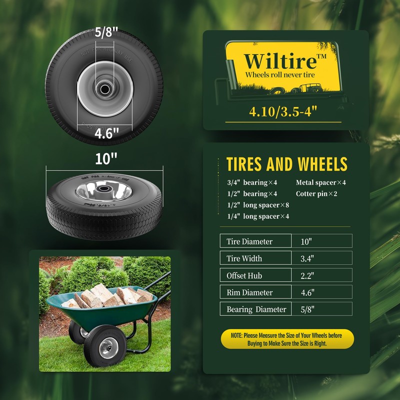 Wiltire (2 Pack) 4.10/3.50-4 Flat Free Tire and Wheel 10-Inch