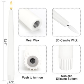 Flameless Taper Candles with 3D Wick, 9.6" Real Wax LED Candles with 2 Remote and Timer, 6 Pack Flickering Candlesticks Battery Operated, Classic Tall Taper Candles for Home, Wedding, Party, White