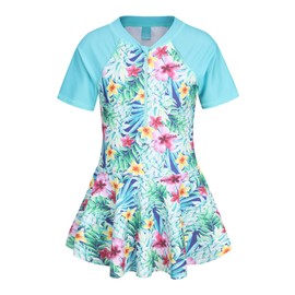 Qterdiz Girls One Piece Swimsuits Short Sleeve Swim Dress for Girls Hawaiian Bathing Suit Skirted Summer Swimwear Cyan Floral Size 8/7-8 Years