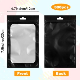 300 Pcs Smell Proof Resealable Bags, Mylar Foil Pouch with Clear Window 4.7 x 7.8 Inch Black for Food Storage Small Business Jewelry Gift Packaging
