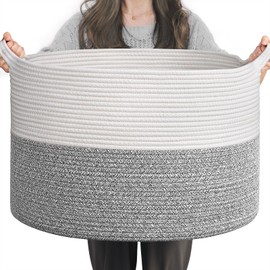 INDRESSME Large Blanket Basket, Laundry Toy Storage Baskets, Decorative Woven Basket for Living Room & Nursery, Baskets for Gifts Empty, Laundry, Dog Toys, Towels, Light Grey, 19.7" D x 12.6" H