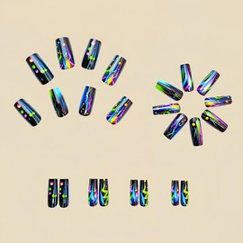 Black Press on Nails Medium Coffin Fake Nails with Colorful Lines Designs ZWENJIE Glossy False Nails Press ons Full Cover Spring Acrylic Nails Square Stick on Nails for Women 24 pcs