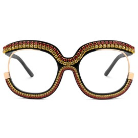 Zeelool Square Diamond-Encrusted Glasses Frame with Non-prescription Clear Lens for Women Oversized ZJGX095217, Red-yellow, Oversize