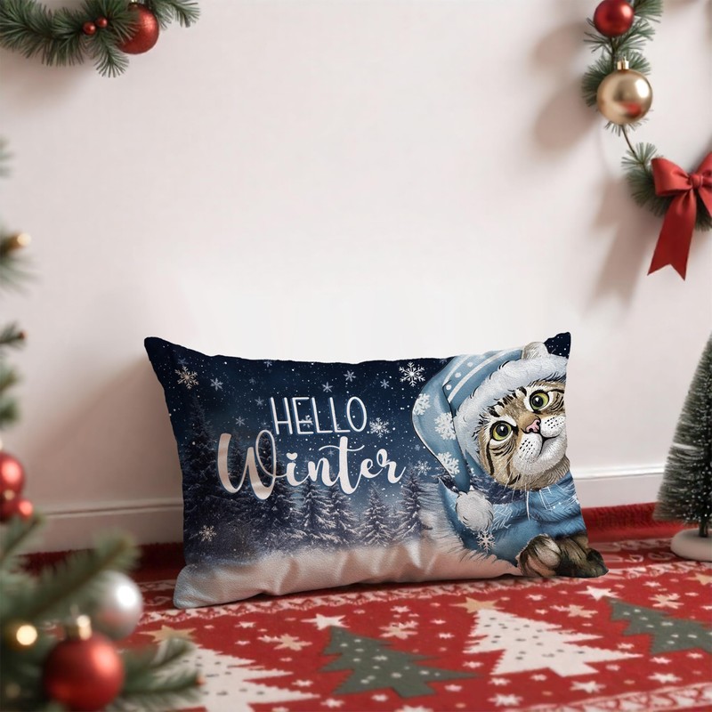 Rustic Christmas Winter Cat Pillow Covers 12x20, Cat Lover Lady