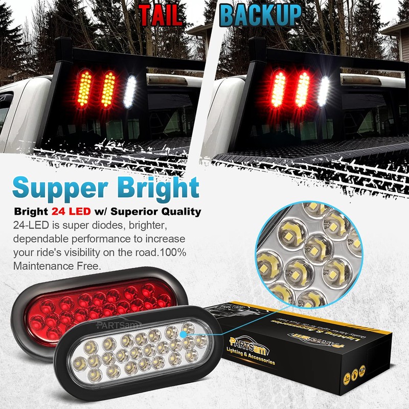 Partsam 2xRed + 2xWhite 6" 24 LED Oval Stop Turn