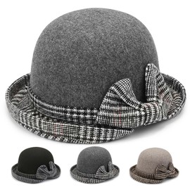 Initlove Felt Cloche Bucket Hat Vintage Winter Fedora Hat Bowler Hats for Women Grey