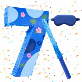 sodolike 16 Inch Blue Pinata Set with Hawaii Pattern Number 7 Pi?ata, Blindfold, Stick and Confetti for Boys Girls 7th Birthday Party Decorations (7-Hawaii Pattern Pi?ata)