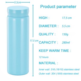 Small Thermos Flasks Stainless Steel - Cute Water Bottle, Vacuum Insulated Bottle for Hot and Cold Drinks (BPA Free, One Light Blue, 280 ml)