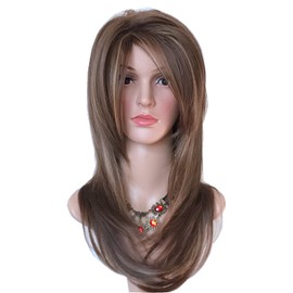 wigbuy Long Layered light Brown Hair and Blonde Balayage color free part wig with Highlights Synthetic Hair Fiber Highlight Multicolor for white Women (4H144)