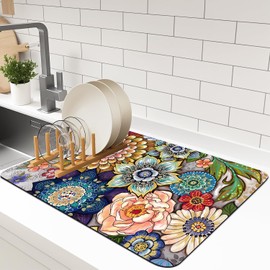 Dish Drying Mat For Kitchen Counter, 12"X20" Absorbent Coffee Bar Mat With Bohemian Abstract Colorful Flowers Dish Drainer Rack Mat For Kitchen Counter