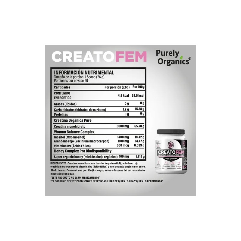 CreatoFem Creatina Orgánica Para Mujeres 60 Servicios. Sabor Arandano-miel. Purely
