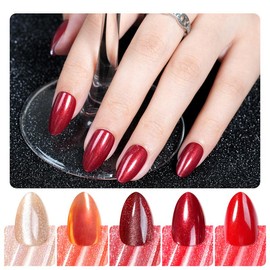 Jofay Fashion Press-On Nails Short Set – 5 Styles Short Almond Fake Nails with Cherry Glaze, Fiery Red Glitter, Cat Eye Designs, Glossy Acrylic, Reusable Full-Cover, 16 Sizes