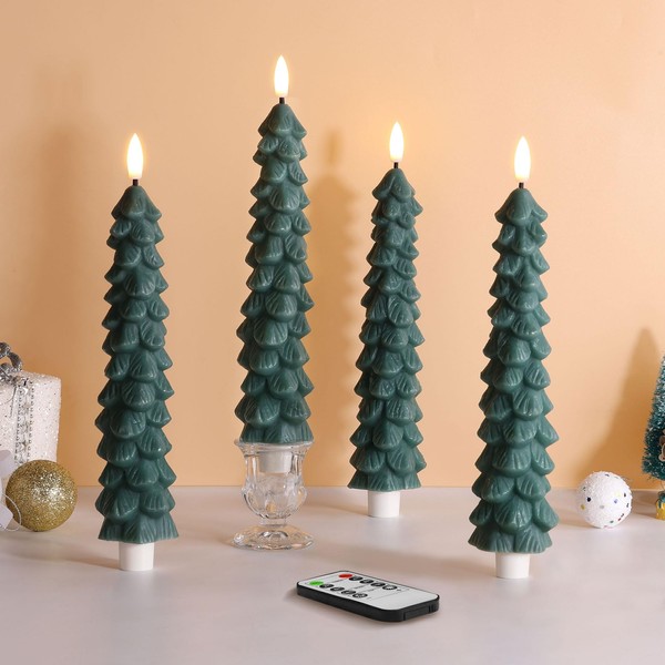 Eywamage Green Christmas Tree Candles with Remote, Real Wax Flickering