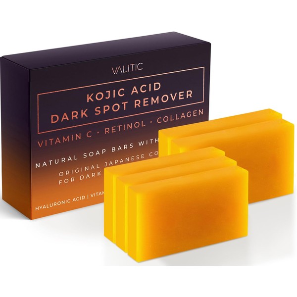 VALITIC Kojic Acid Dark Spot Remover Soap Bars with Vitamin C, Retinol, Collagen, Turmeric - Original Japanese Complex Infused with Hyaluronic Acid, Vitamin E, Shea Butter, Castile Olive Oil - 5 Pack