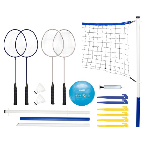 Franklin Sports Volleyball + Badminton Sets - Beach + Backyard Combo Outdoor Game Set - Volleyball, Pump, Badminton Rackets, Birdies, Net + Poles Included - Complete Outdoor Lawn Games Sets