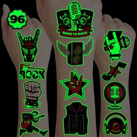 96PCS Born To Rock N Roll Rocks Luminous Pre-Cut Temporary Tattoos Themed Music Band Birthday Party Decorations Favors Supplies Decor Rockstar Guitar Stickers For Kids (Glow in the dark)
