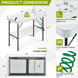 Avocahom Folding Fish Cleaning Table Portable Camping Sink with Faucet Drainage Hose & Sprayer Outdoor Fillet Station Grid Rack Knife Groove for Picnic Fishing, Black