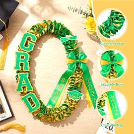 Yinkin 47 Inch Art Ribbon Leis with Bow Double Braided Money Leis Handmade Adjustable Necklace Grad Cutouts Pendant for Graduation Party Accessories(Green Gold)