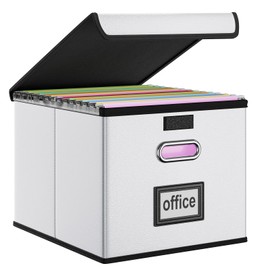 Huolewa File Organizer Box with Lid, Collapsible Faux Leather Hanging File Folder Box Organizer with Plastic Slides, Decorative Home/Office Filing System Boxes for File and Folders Storage