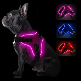 Light up Dog Harness, Rechargeable LED Dog Harness with Handle, Lighted Dog Harness for Night Walking, Reflective Adjsutable Flashing Glow Dog Collar for Small Medium Large Dogs (Pink, L)