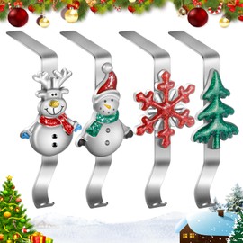 FLSEPAMB Christmas Stocking Holders for Mantle, 4 Pack Sturdy Stocking Hook for Snowman, Snowflakes, Christmas Tree, Deer, Metal Christmas Stocking Hanger Non-Slip for Tables, Window Decoration