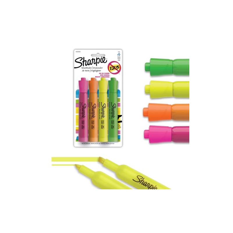 Sharpie® Tank Resaltador/Marcador de Texto, Punta Cincel/Biselada, Surtidos, 4 Piezas,