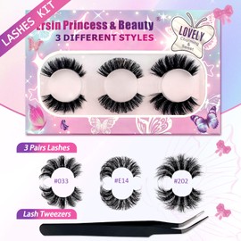 3 Paar Künstliche Wimpern Russische D-Curl Wimpern Cat-Eye Look mit klarem Band 3 verschiedene Styles gemischt Falsche Katzenauge Wimpern mit Pinzette Kit für natürliche, Festival, Geschenk(0E2-Kit)