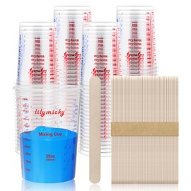 100 Pack Plastic Mixing Cups, 20 oz (600ml) - Disposable Measuring Cups with 100 Wooden Mixing Sticks, Measurement ratios: 2:1, 3:1, 4:1, Suitable for Epoxy Resin, Liquid Measuring, and Paint Mixing