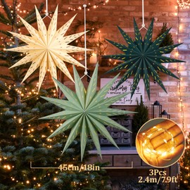 SUNBEAUTY Christmas 3Pcs Paper Stars 14 Pointed 18 Inch Hanging Paper Star Lanterns Christmas Hanging Lamp Paper Decorations Shade Wedding Birthday Christmas Home Party