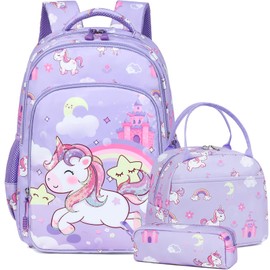 Dafelile Unicorn Backpacks for Girls Sequin Girls Backpack for Elementary Kids School Bookbag Set Water Resistant(Purple)