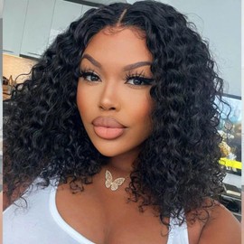 VEGALILY Human Hair Wig 14inch Curly Wigs for Black Women 100% Real Human Hair Glueless Wig Brazilian Human Hair Bob Wigs with Middle Part Lace