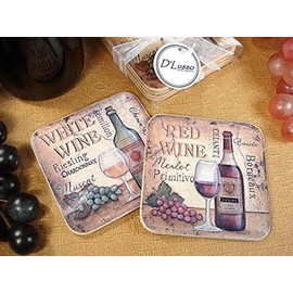 Dlusso Wood Cork Coaster Set White Chadonnay and Red Merlot Wine
