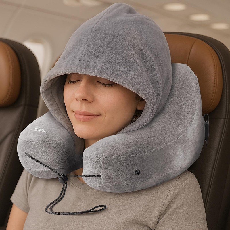 Newgen Medicals Inflatable Neck Pillow with Removable Hood, H Shape