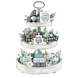 Guoofu Spring Tiered Tray Decor, Farmhouse Eucalyptus Leaves Tray Decorations, Spring Gnome Wreath Buffalo Plaid Mason Jar Truck Wooden Signs, Rustic for Home Table Shelf Mantel Party