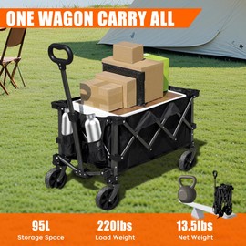 Collapsible Folding Wagon, 220lb Heavy Duty Grocery Garden Cart for Beach and Travel, Portable Utility Wagon Cart with Four-Wheel for Sand Shopping Camping Fishing Sports Pet,Black