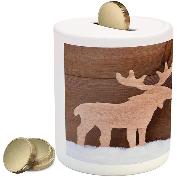 Lunarable Moose Piggy Bank, Timber Elk in Different Tones Romantic Noel Time Romance Joy Vintage Style, Ceramic Coin Bank Money Box for Cash Saving, 3.6" X 3.2", Brown Tan