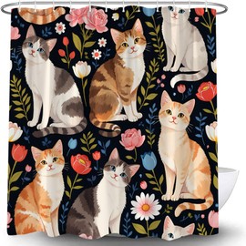 Cute Cat Shower Curtain Boho Farmhouse Watercolor Floral Funny Animal Wildflower Lovely Kitten Aesthetic Flower Plant Retro Black Bath Decor Curtain with Hooks
