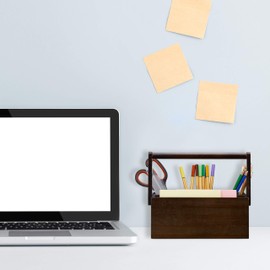 Relaxdays Stiftehalter, Tischorganizer aus Bambus, mit Henkel, Büro Organisation, 4 Fächer für Stifte, Dunkelbraun, H x B x T: ca. 20 x 25 x 11,5 cm, Dark Brown