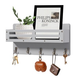 KISENG Key Holder Wall Mount Farmhouse Key Hooks for Wall with Mail Organizer Decorative Key Rack with 5 Sturdy Hooks for Dog Leash, Sunglasses, Rustic, Paulownia Key Hanger for Entryway