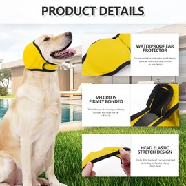 JOHNBOLIN Dog Ear Muffs & No Shake Ear Wrap for Hematoma, Bathing, Drying & Noise Anxiety Relief - Elastic Waterproof Ear Protector with Calming Hoodie Design for Grooming/Head Ear Cover (Yellow, S)
